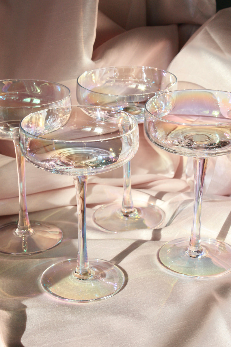 Toscany Iridescent Champagne Glasses, Saucer Glasses Set of 4