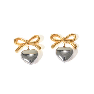 Bow Heart Drop Earrings - Two Tone