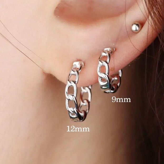 12mm Link Huggie Hoop Earrings - Silver