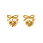 Bow Heart Drop Earrings - Gold