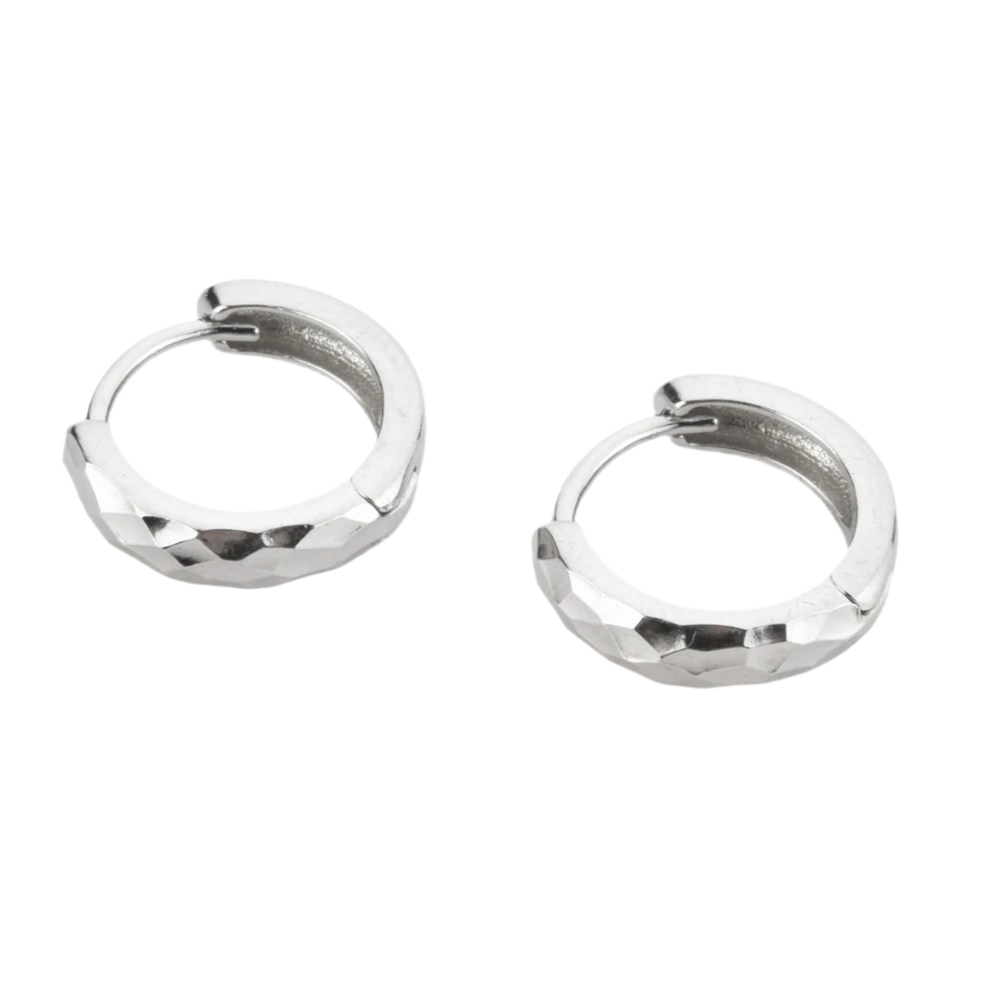 Faceted Huggie Hoop Earrings - Silver