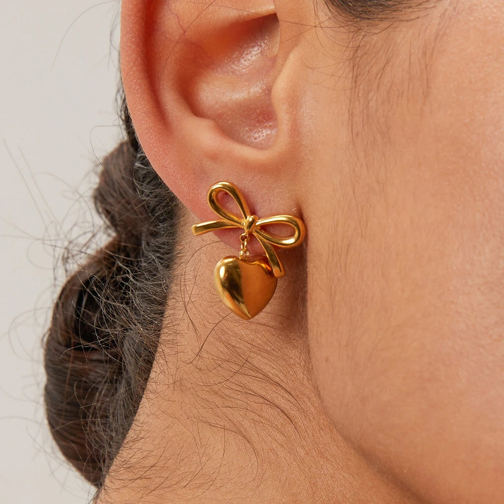 Bow Heart Drop Earrings - Gold